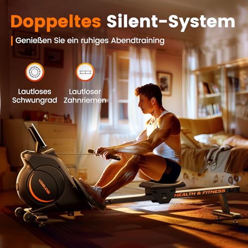 Nahaufnahme des ergonomischen Sitzes und verstellbaren Fußpedale am YOSUDA Rudergerät