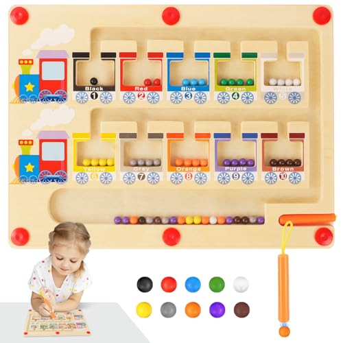 Ainiv Laberinto Magnetico, Tren Juguetes Montessori Niños 2, 3, 4, 5 Años, Magnetic Color and Number Maze, Números Juegos Educativos Magnetico, Tablero Montessori Juguete de Madera para Niños