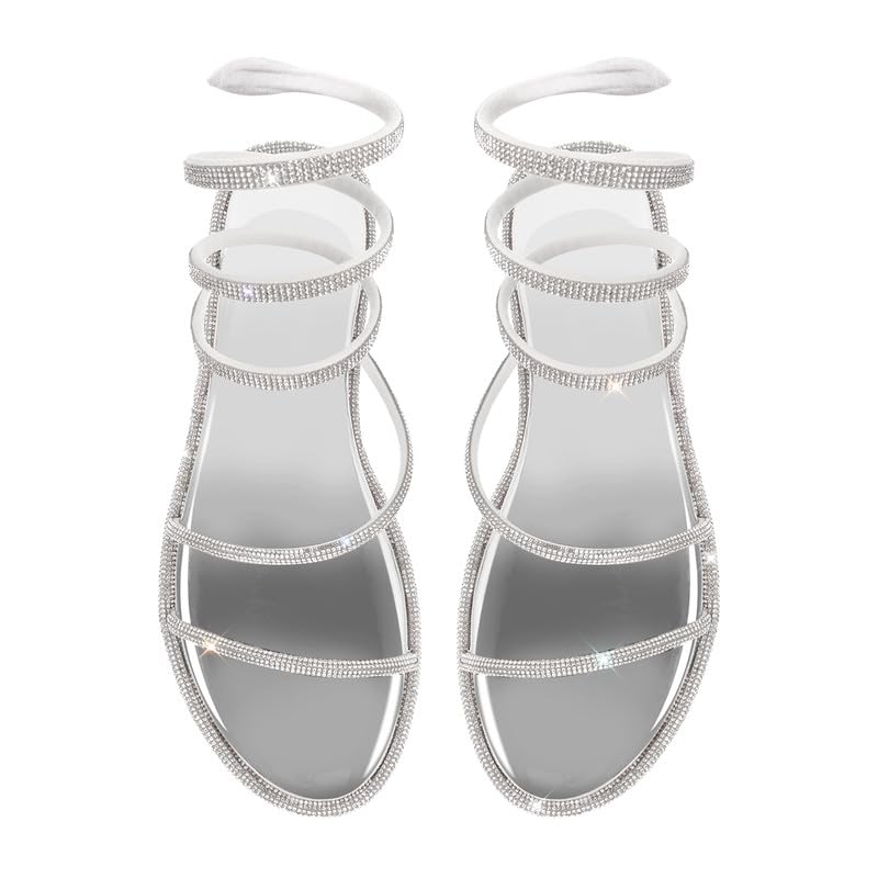 MissHeel Damen Flach Sandalen Runde Zehenkappe mit Schnürung und Strasssteinen
