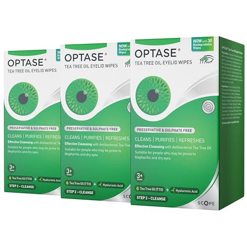 Optase Tea Tree Oil Eyelid Wipes Cleanses Purifies and Refreshes Eyelids Preservative Free Biodegradable Wipes Effective Cleansing with Antibacterial Tea Tree Oil - 3x30 Pack