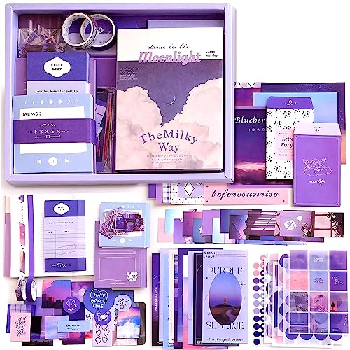 Image of LCLAIDYDY EASTHILL Plastic 348 Pcs Aesthetic Scrapbook Kit,Scrapbooking Supplies Kit, Junk Journal Supplies Kit With A6 Grid Notebook,Bullet Junk Journals For Teen Girl Women (Blue)