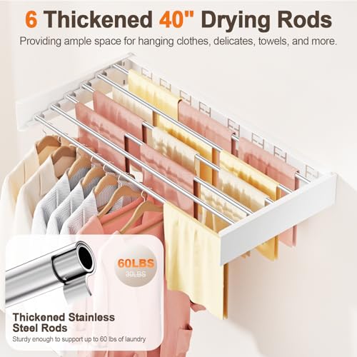 Vasunray Wall Mounted Clothes Drying Rack Folding Indoor, Foldable Laundry Drying Rack Collapsible,Invisible, Space Saving, Retractable Towel Drying Rack, with Wall Template(6 Drying Rods, White 40") by Vasunray - Image 5