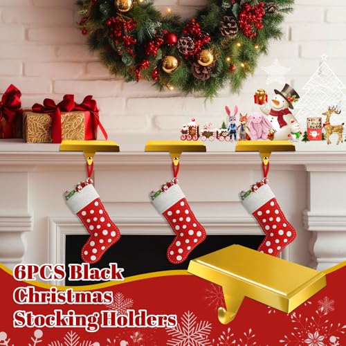 MACTING 6 Pack Christmas Stocking Holders for Mantle, Gold Weighted Stocking Hangers, Stocking Holder Stand Hooks for Mantel Fireplace Table Window Xmas Holiday Decorations