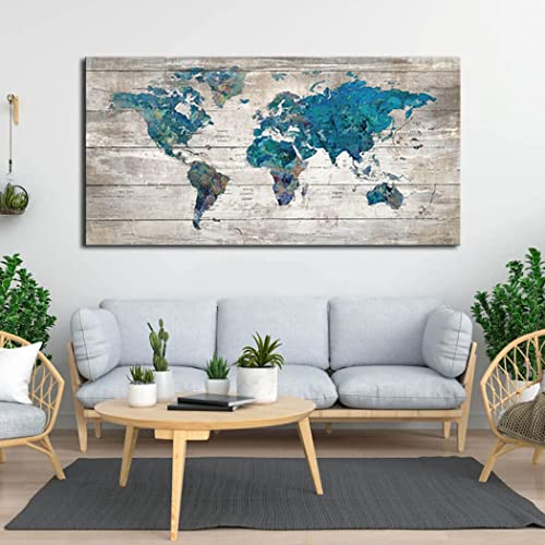 Abstract Watercolor Blue World Map Canvas Wall Art Prints For Living Room Office Large Teal White Watercolor World Map Picture Framed Artwork Decor For Home Bedroom Decoration #TOP4