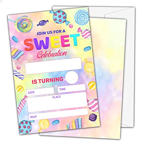 OICPYD Candy Birthday Invitations for Boys Girls Kids, Fill In Party Invites, Decorations, Favors, 20 Invitations with Envelopes (HA07)