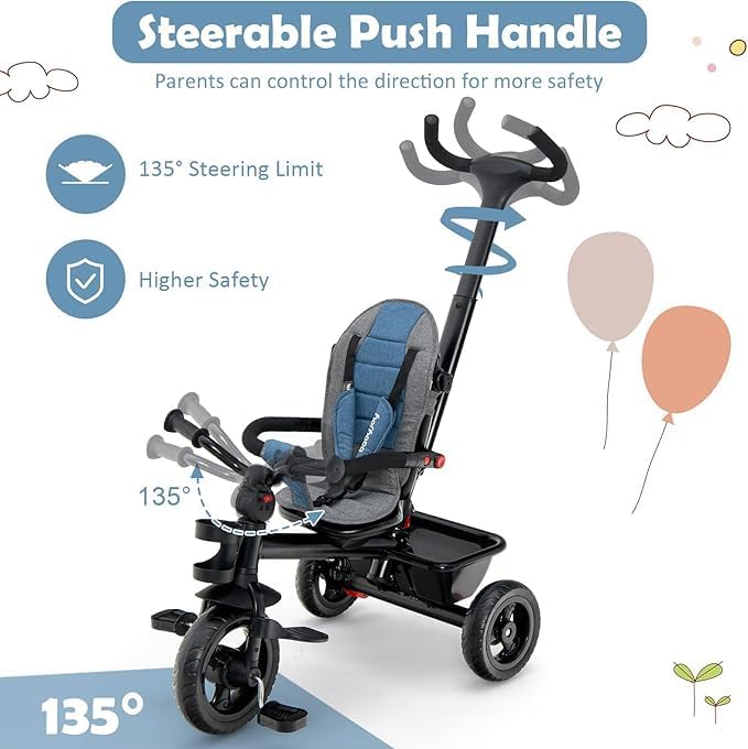 Nightcore 5 in 1 Children's Tricycle, Toddler Bike with Adjustable Push Handle & Harness, Removable Top Cover, Cup Holder & Storage Basket, Suitable for Children 1.5 to 5 Years Old