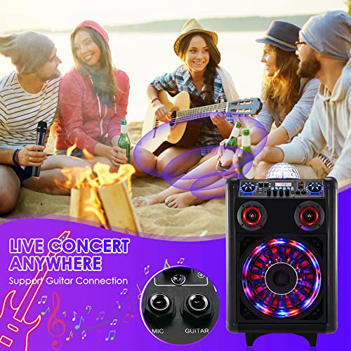 GJCrafts Karaoke Lautsprecher Bluetooth mit 2 Mikrofonen Wireless, Mobile Pa Sound System Party mit Discokugel, Audio PA System mit Einziehbarer Griff und Rädern, Unterstützt TWS/AUX/MP3/USB/FM/TF/REC