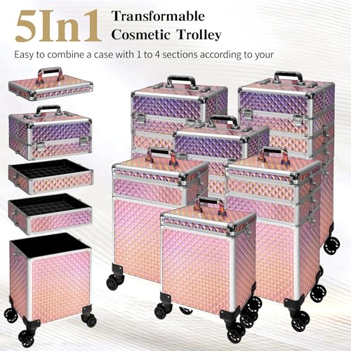 Image of 5 in 1 Rolling Makeup Train Case on Wheels Large Cosmetic Organizer Travel Cart for Women Beauty Salon Barber Hairstylist Pink