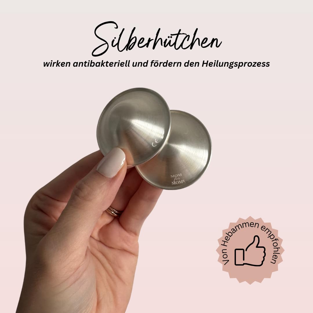 Mom for Moms Silberhütchen 999er Silber/natürliche Wundheilung der Brustwarzen/für ein angenehmes Stillen und Wochenbett/mehr Platz und Schutz der Brustwarzen/Stillzubehör 2 Stk (L/XL)