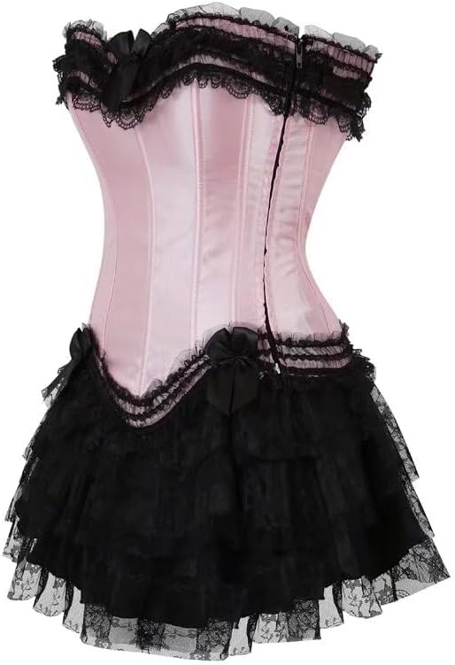 Corset Dress top Skirt Set Bustier Corsets for Women Embroidery Victorian Burlesque Lingerie Pink 2XL
