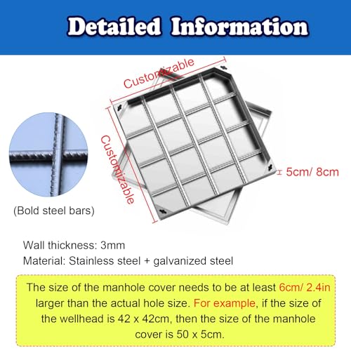 Embedded Septic Tank Lid, Strong Load-Bearing Invisible Manhole Cover, Universal Metal Inspection Cover for Parking Lots/Highway/Schools(50x50x5cm/19.7x19.7x2inch)