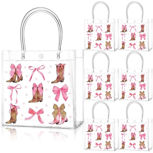 Image of Teenyyou 24 Pcs Coquette Cowgirl Clear Gift Bags Western Boots and Pink Bow Print Transparent Tote Bags, Reusable PVC Handbags for Cowgirl Theme Party, Bachelorette, Birthday, Bridal Shower