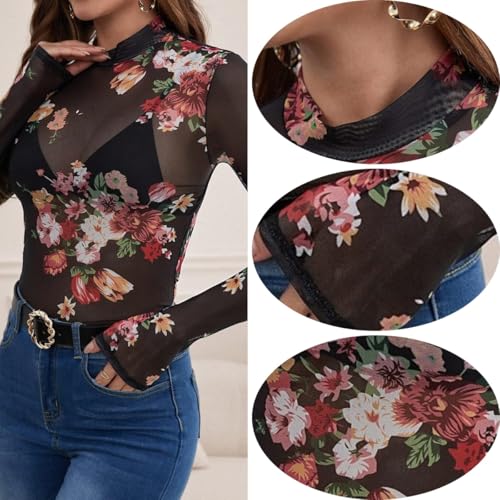 Lace Long Sleeve Tops for Women Floral Mesh Tops Mock Neck Sheer See Through Shirts Going Out for Casual Party Club3