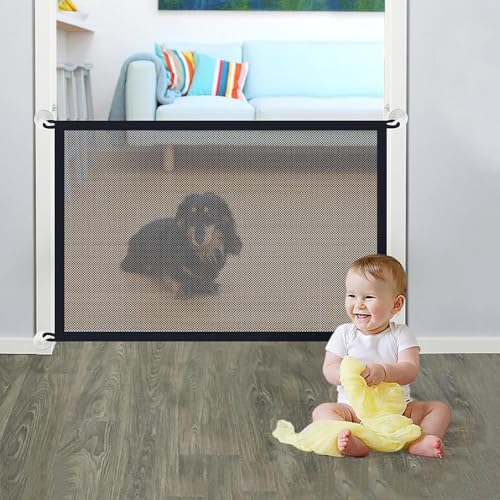 43×28” Magic Dog Gate,Magic pet Gate for Stairs and Door, mesh Dog Gates for The House Foldable Safety Isolation Fence,Indoor Pet Safety Gate Install (B-43×28”)…