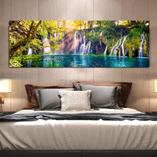 Toile nature grand format 50x150cm arbre vert et lac pour decoration murale de chambre