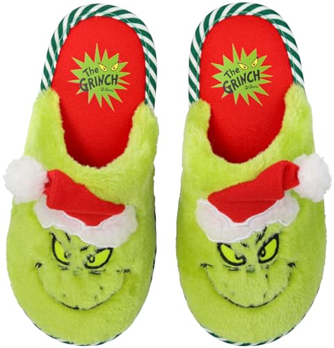 GRINCH Unisex Holiday Slippers for Men and Women - Scuff SLipper, Full Footbed, Rubber Soles (Green, Men's 9-10/Women's 11-12, US Footwear Size System, Adult, Men, Numeric Range, Medium, 9, 10)