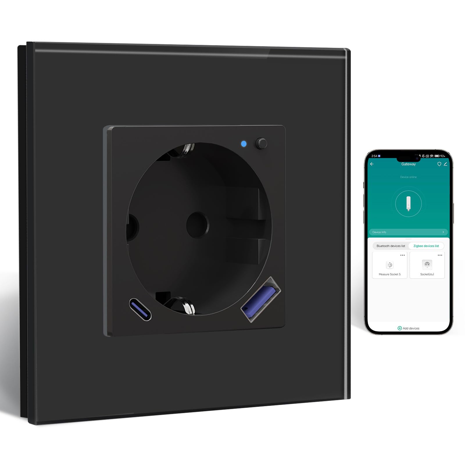 BSEED Enchufe ZigBee con Cargador Rápido USB C 20W con Medición de Corriente,Schuko WLAN Empotrada para Alexa/Google Home, Enchufe Inteligente 16A,1 Gang Negro(Requisito del Gateway Hub)