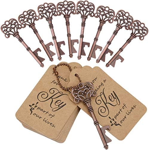 WODEGIFT 60 PCS Key Bottle Openers,Vintage Skeleton Key Bottle Opener with Escort Card Tag and Key Chains,Wedding Party Favor Souvenir Gift(Red Copper
