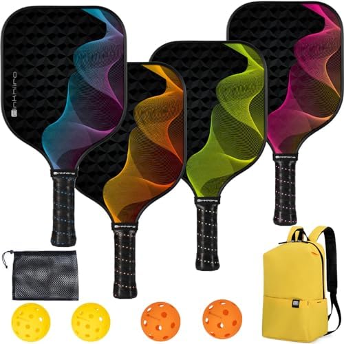 Pickleball-Set with 4 or 2 Fiberglass Paddles, 4 Pickle-Ball Balls, 1 Paddle Bag or Backpack | Pickleball-Rackets-Set of 2 or 4 for Men Women | Dinkhiiro Pickle-Ball Equipment of Racquets and Balls