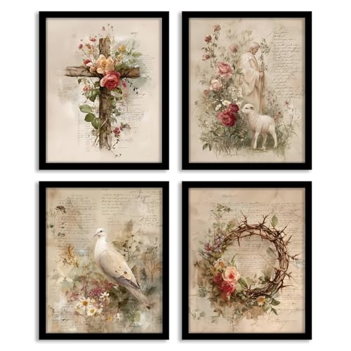 Image of WEFKODO Vintage Floral Christian Jesus Decor Wall Art, Retro Christian Pictures Wall Decor for Home Bathroom Reading Room Church Bedroom, Cross Sheep Jesus Posters Prints 4Pcs, 8x10 Unframed