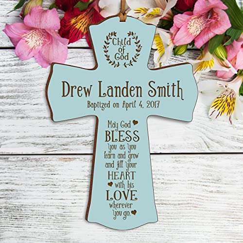 Image of LifeSong Milestones Blue Wood Baptism Cross Ornament: Remembrance and Gifts for Boys - 1st Communion, Baptismal, Christening, and Special Occasions
