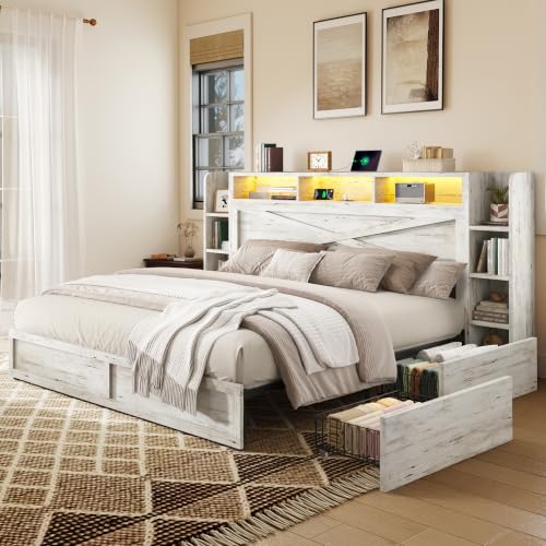 Image of AMERLIFE 45'' Farmhouse King Bed Frame with Headboard & Storage, White