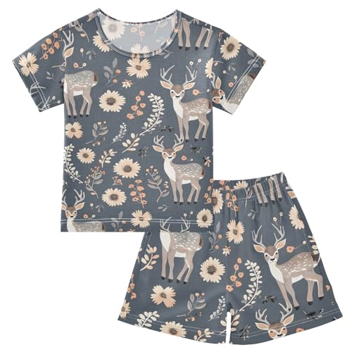 ALAZA Deer Blossom Flower Pajamas Short Sleeve 2 Piece Sleepwear Top and Bottom Pajama Set Unisex