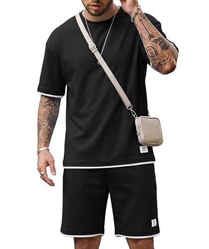 Elainone Ensemble Homme Été 2 Pièces – T-Shirt et Short, Tenue Sport Homme Respirante et Extensible, Coupe Slim Moderne, Idéal pour Sport, Loisirs et Vacances