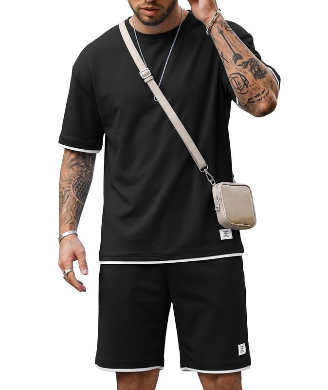 Ekaliy Elainone Ensemble d'été pour homme - T-shirt à manches courtes et short - 2 pièces - Sans plis - Avec bloc de couleurs - Combinaison de loisirs pour le quotidien et les vacances