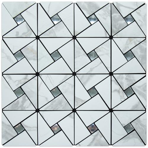 DICOFUN 1 Sheet White Marble Look Peel and Stick Backsplash Tile, Mixed Glass Self-Adhesive Mosaic Tiles, Stainless Steel Stick on Wall Tiles for Kitchen and Bathroom Backspalsh, Mirror Decor