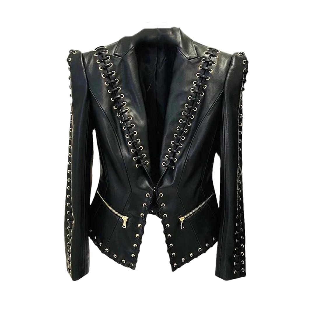 Womens Designer Jacket Rope Lacing Up Slim Fitting Leather Blazer