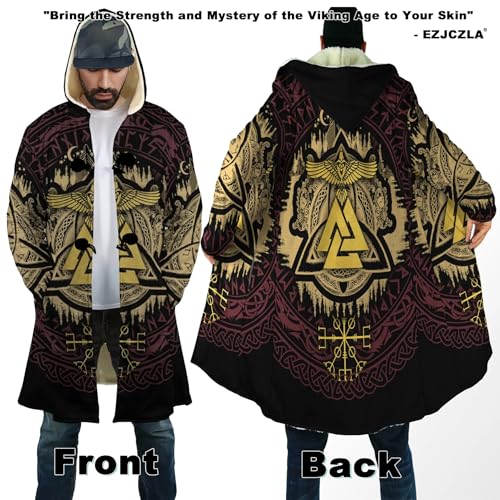 Viking Unisex Winter Cloak 3D Print Valaknut Odin Raven Coats with Hood, Thermal Fleece-Lined Relaxed Hip Hop Jacket3