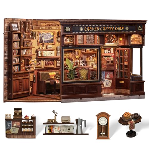 cutefun book nook kit - diy miniature doll house kit book nook kits for adults 3d wooden puzzle bookend bookshelf with led light for cafe crafts lovers corner coffee shop