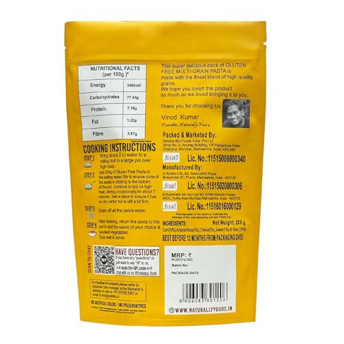 Image of Naturally Yours Gluten Free Multigrain Pasta | Corn, Amaranth, Bengal Gram, Jowar & Rice | No Maida, Preservative Free, Vegan, No Onion No Garlic, Jain Friendly | High Fiber & Protein | 200g Pack