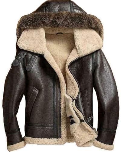 Men's Sheepskin Shearling Detachable Hooded B3 Flight Jacket Raccoon Fur Collar Aviator Coat