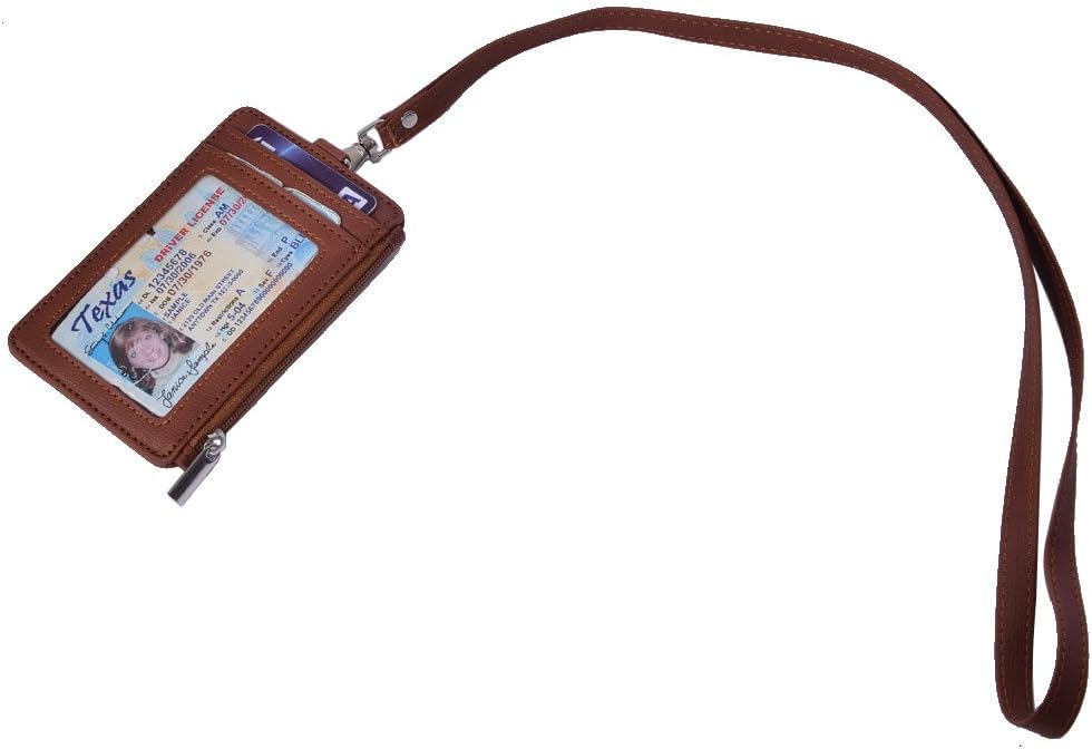 Leamekor ID Badge Holder with Neck Lanyard PU Leather ID Badge Wallet Case with 1 ID Window, 4 Card Slots, 1 Side Zipper Pocket