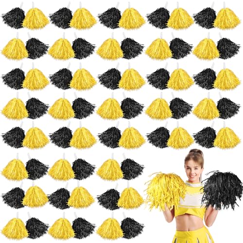 Meooeck 80 Pcs Cheerleading Pom Poms Sports Dance Spirit Cheer Pompoms with Handles Plastic Cheerleader Stuff for End of Year Grduation Party Sport Game Gymnastics Team Dance Club(Black,Yellow)