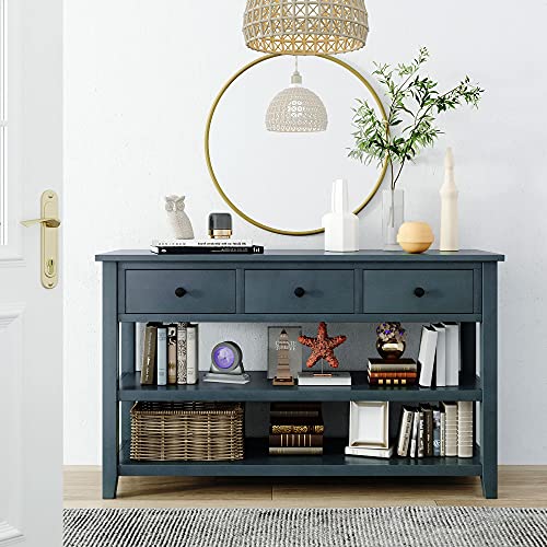 Rustic Console Table, 50 Long Console Table Sofa Table with 3 Drawer and 2-Tier Open Storage Shelf, Console Table for Living Room, Hallway, Home Living Room Furniture (Navy)