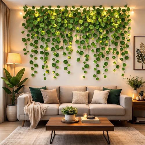 Image of Go Hooked Artificial Hanging Creeper for Home Decor (Pack of 24, 7 Ft) | Green Pilea Coin Leaf Garland with 3x3 cm, 72 Leaves Each | Plastic Decorative Creeper for Balcony, Walls, Garden Decoration