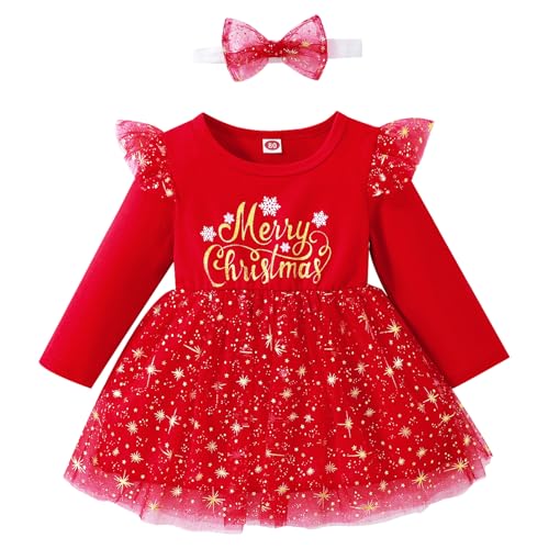 Winmany Bebé Niñas Trajes de Navidad Niño Vestido Tutu Falda Manga Larga Encaje Ropa de abrigo+vincha para bebé (9-12M)