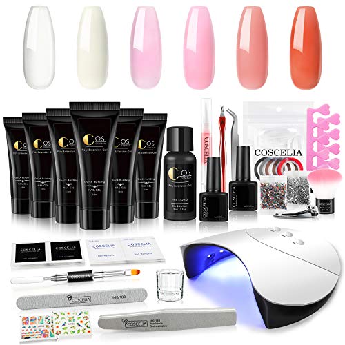 Poly Nail Gel Kit 6 Colors Extension Nail Builder Gel with 36W LED Light Nail Lamp Slip Solution Enhancement Kit Rhinestones False Nail Tips Nail Art Designs Manicure Tools Professional Beginner Starter Kit