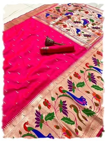 Pandadi Saree Woman's Rani Pure Kanchivram Paithani Silk Saree with Blouse Piece.