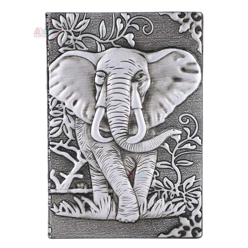 Image of Alokik 3D Silver Elephant DND Vintage Leather Journal Writing Notebook with 200 Pages A5 Journal Diary,Antique Handmade Leather Diary,Travel Diary&Notebooks to Write in,Diary Gift for Men Women