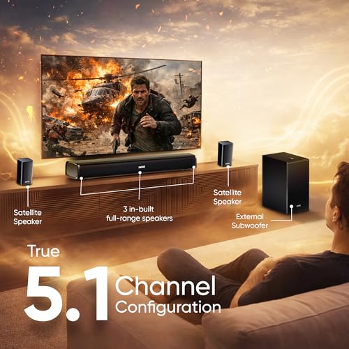 Image of Mivi Nex 450 Soundbar [New Launch], 450W 5.1 Channel System with 3 in-Built Speakers, 2 Satellite Speakers and a Subwoofer, Nex Surround Feel Technology, Multiple Input Modes, Made in India