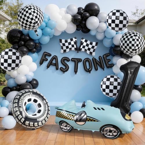 SNLN 185 Pcs Fast One Birthday Decorations for Boys, Blue Black Race Car Balloon Arch Kit with 3D Racing Car,Number 1, Fast One, Tire, Flag, Checkered Foil Balloons for 1st Cars Birthday Decorations by SNLN - Used condition - Image 8