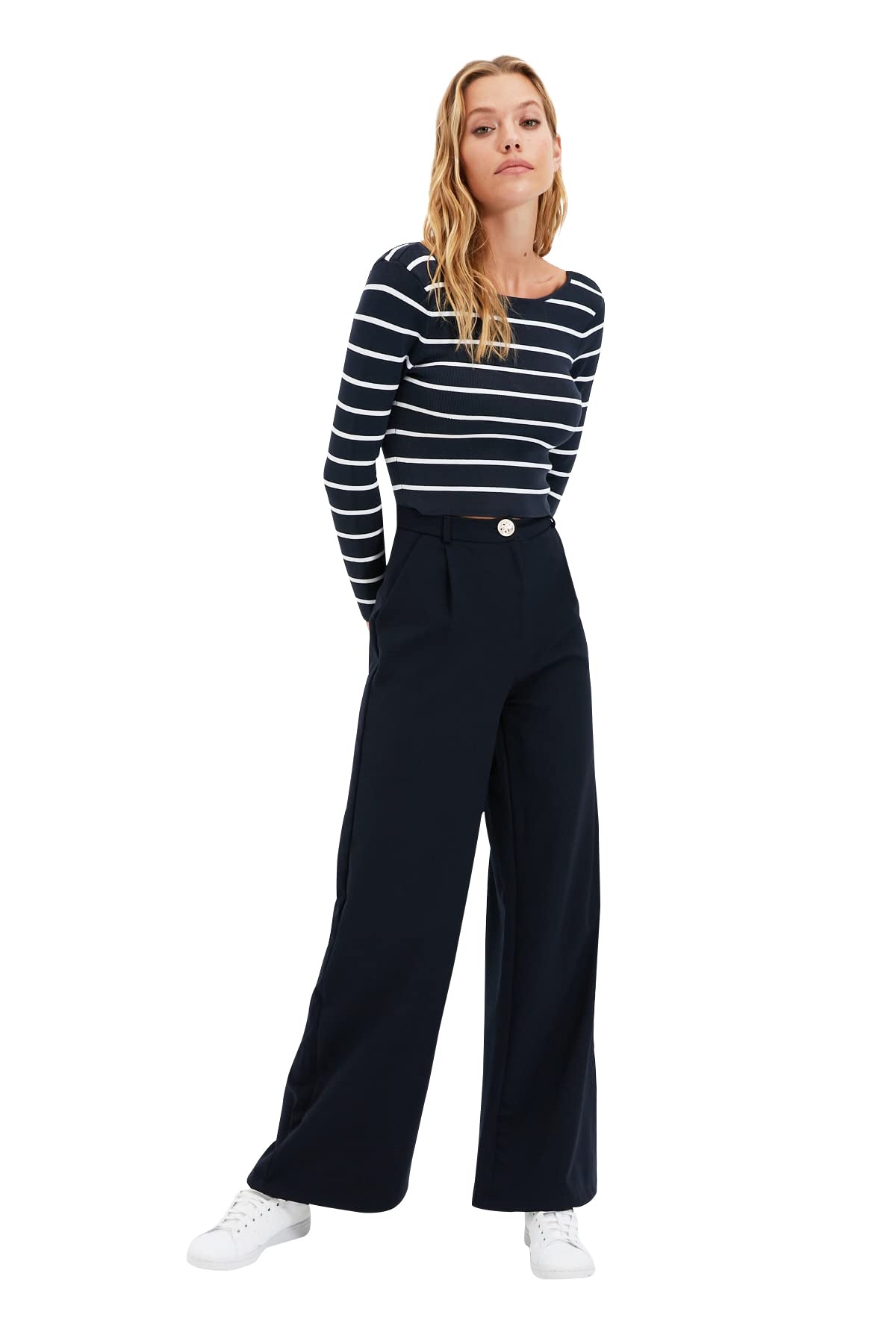 Trendyol Women High Waist Wide Leg Regular fit Trousers Navy Blue