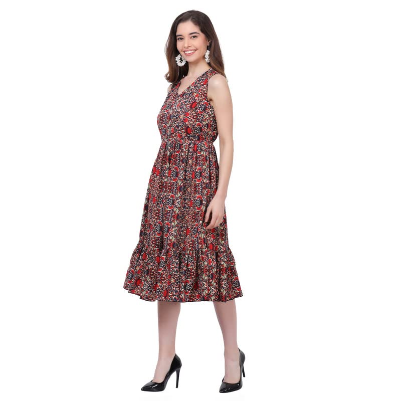Image of Women's Crepe A-Line Knee Length Dress | Western Sleeveless Dress for Girls | Flared Frock | Frill Midi | Knee Gown