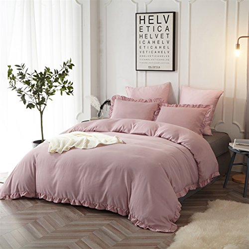HYPREST Queen Duvet Cover Set - Microfiber Soft Comfortable Durable Ruffled Pink Blush Duvet Cover Bedding Set (Not Including Comforter) - Thumbnail 4