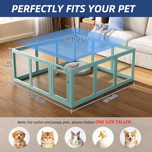 Image of Clear Acrylic Dog Playpen Indoor, Puppy Cat Small Pet Play Pen, Pet Cat Playpen for Rabbits, Dog Fence Crate Kennel Whelping Cage (Green, 12 Panel)