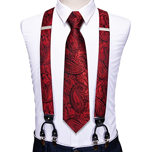 Image of Barry.Wang Men Suspender Set with Necktie Elastic Y Type Heavy Duty 6 Clips Braces Tie Handkerchief Cufflink Pin 6PCS